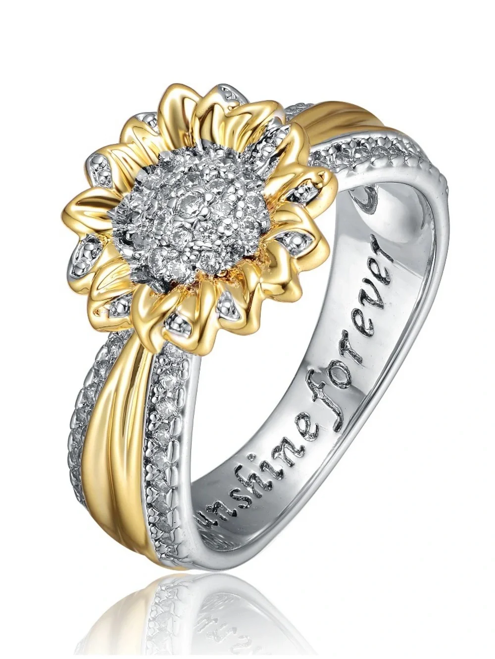 Sunflower Two-Tone Gold & Silver Ring with Pavé Crystals sz 7